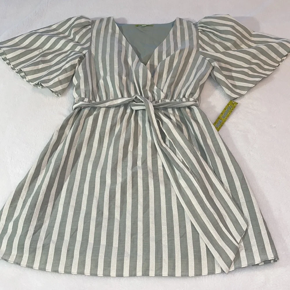 NWT Gianni Bini Sage/White Stripped Slip On Dress w/ shutter sleeves  Size Small - Picture 4 of 12
